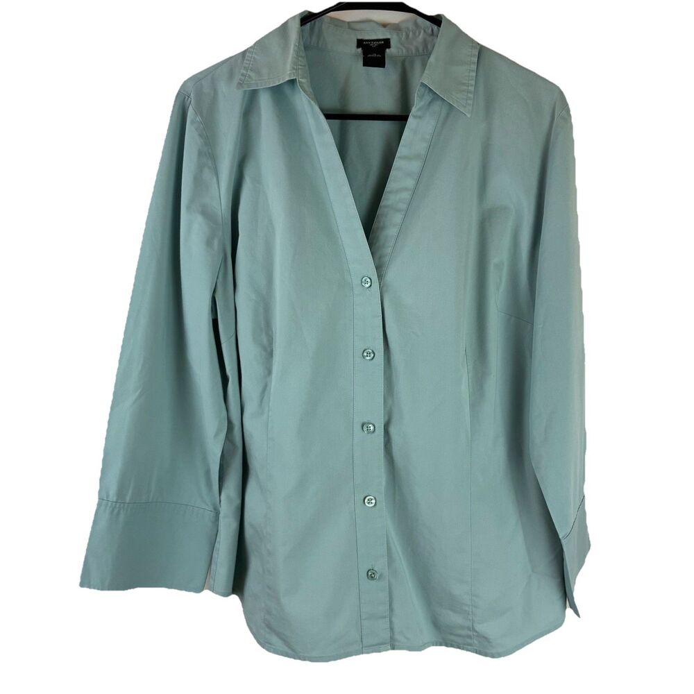 Ann Taylor Women's Button-Front Light Green Cotton Blend Blouse Size 16